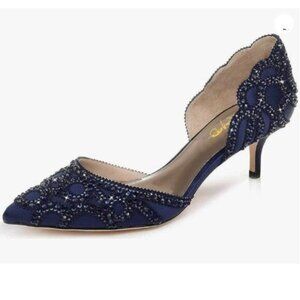 XYD Women's Pumps Elegant Pointed Toe  Kitten Low Heels Rhinestone Studs Blue
